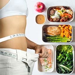 photo of a woman with reduced waistline juxtaposed with food items