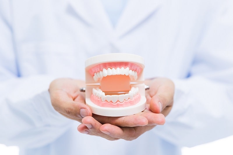 a dentist holding dentures in his hand