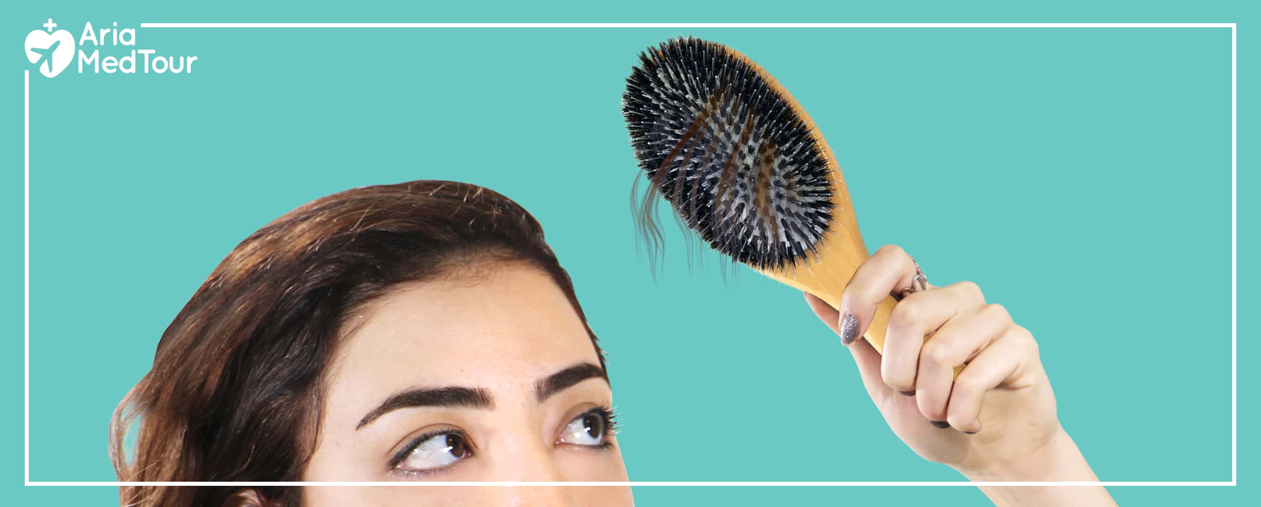 woman holding a hair brush near her head, with hair strands stuck in the hairbrush, indicating a hair loss problem