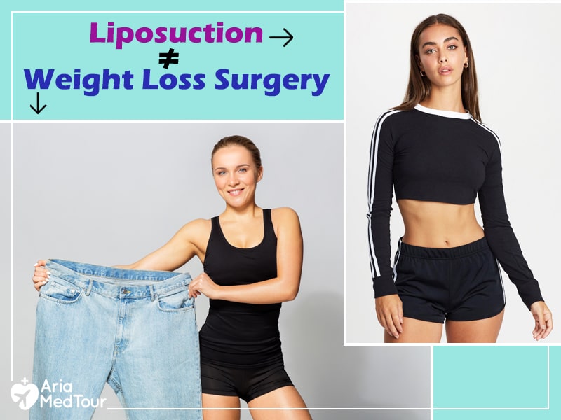 two woman wearing black clothes one holding a large pair of jeans with a sign reading liposuction is not weight loss surgery