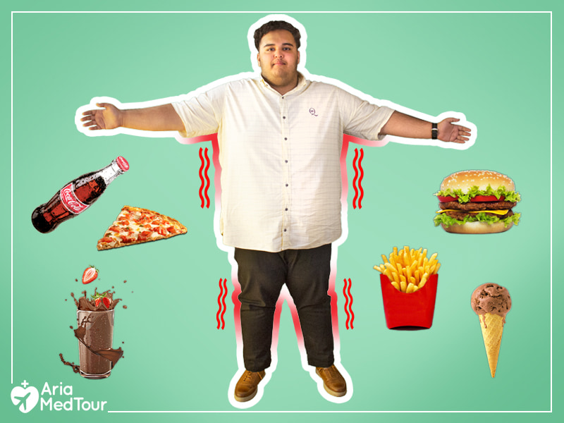 a fat man with his arms wide open surrounded by lots of unhealthy foods indicating how obesity can cause health problems