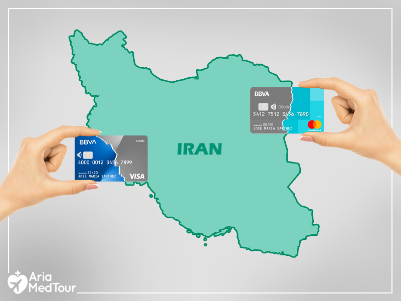 two hands pushing MasterCard and Visa Card into Iran's map