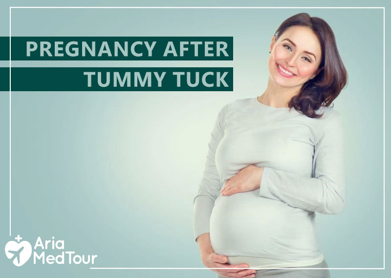 a pregnant woman after her tummy tuck surgery