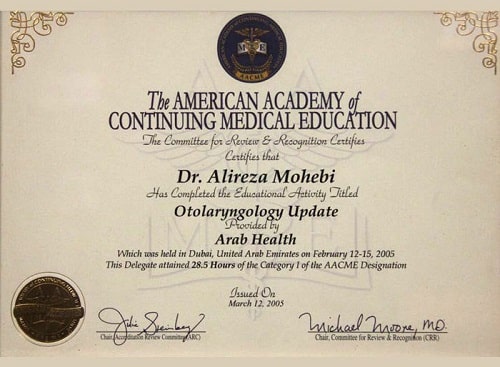 certificate of doctor Alireza Mohebbi