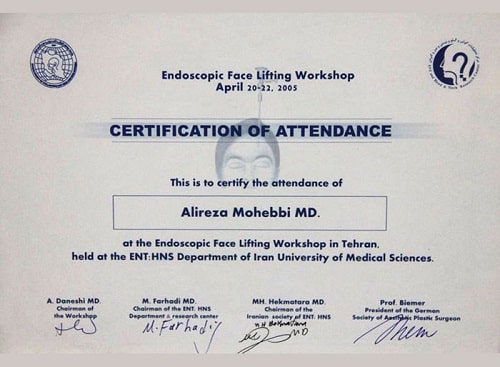 doctor Alireza Mohebbi certificate